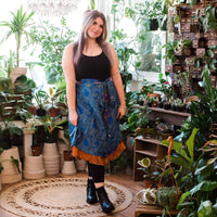 Colorful sari wrap skirt by Darn Good Yarn, showcasing vibrant fabric and casual bohemian style.