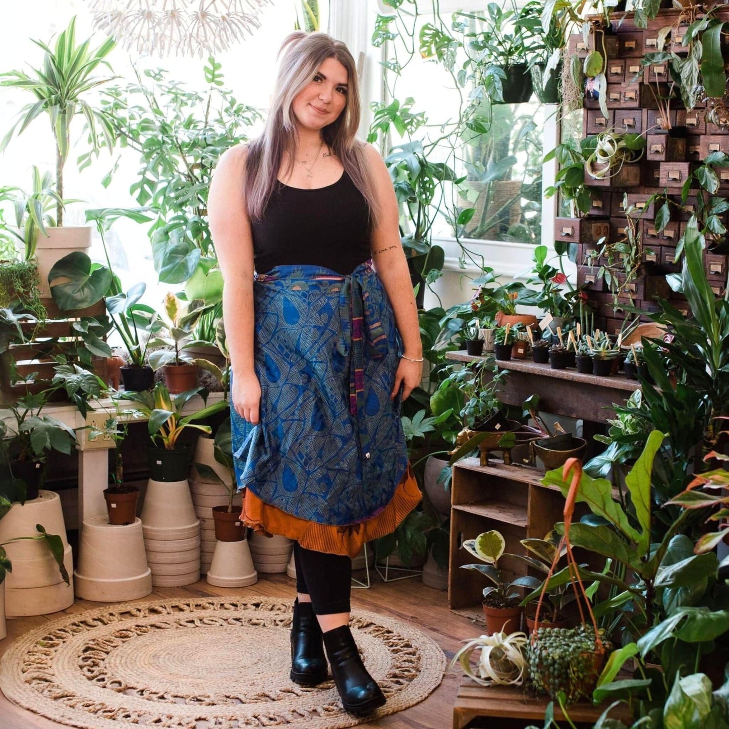 Colorful sari wrap skirt by Darn Good Yarn, showcasing vibrant fabric and casual bohemian style.