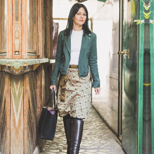 Colorful sari wrap skirt by Darn Good Yarn featuring vibrant fabric and a traditional wrap style, perfect for casual wear.