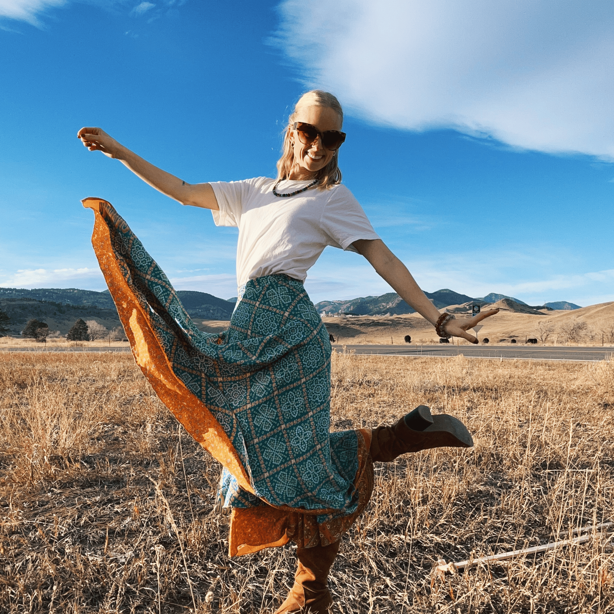 Darn Good Yarn Original Sari Wrap Skirt featuring vibrant, colorful fabric with a flowing, stylish design for women’s clothing.