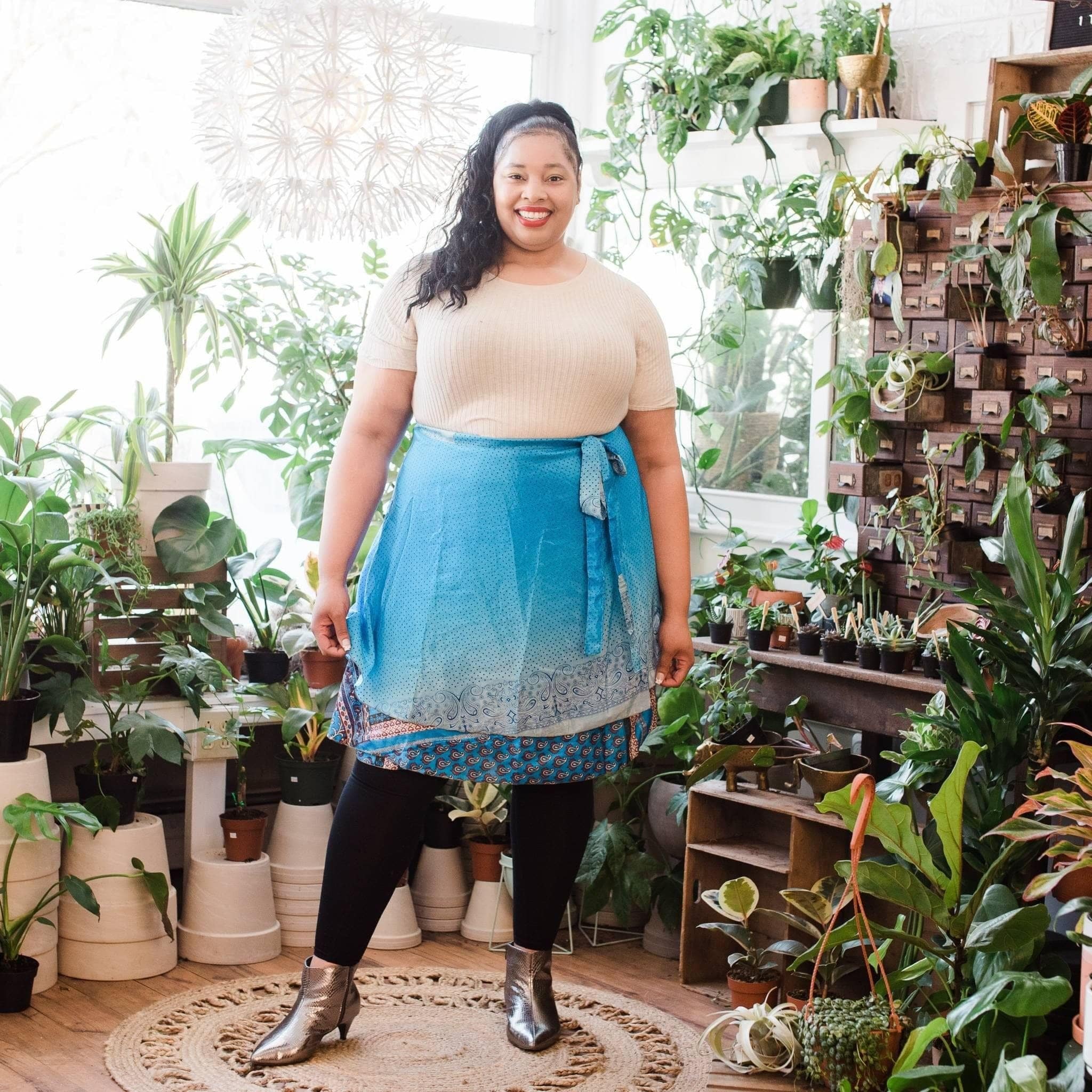 Colorful sari wrap skirt by Darn Good Yarn featuring vibrant patterns and flowing fabric, perfect for boho and casual wear.