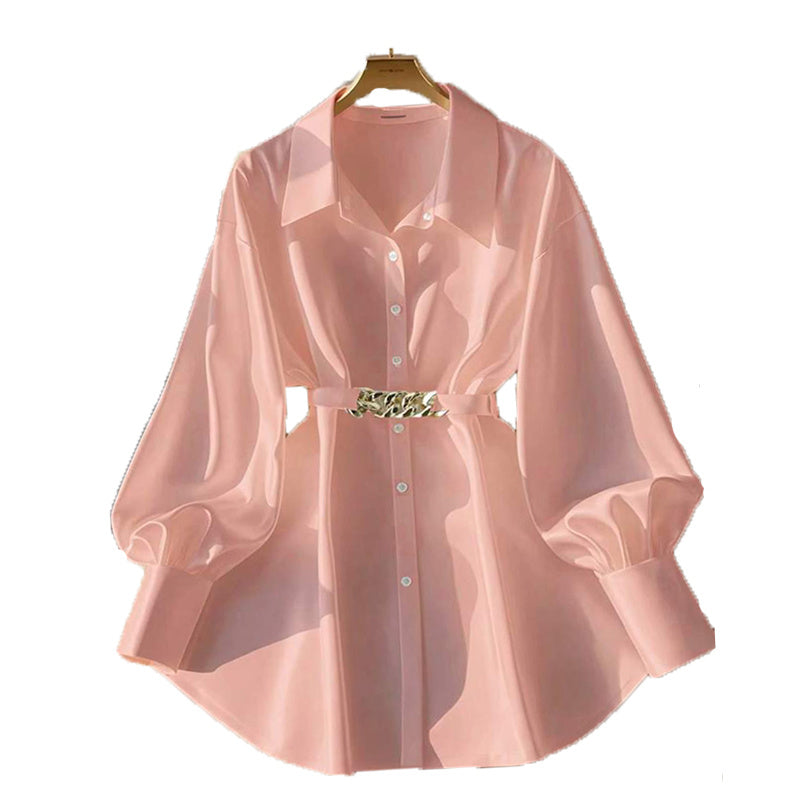 Women's Elegant Lapel Button-Down Top With Adjustable Metal Waist Belt Solid Color Loose Fit Blouse For Casual & Office Wear