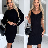 2pcs Suit Women's Solid Stripe Long-sleeved Top And Tight Suspender Skirt Fashion Autumn Winter Slim Clothing - MANDOTOS