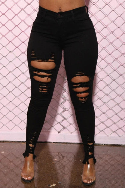 Denim Pencil Pants Slim Long Trousers Ripped Hole Stretch Feet Pants Female - MANDOTOS