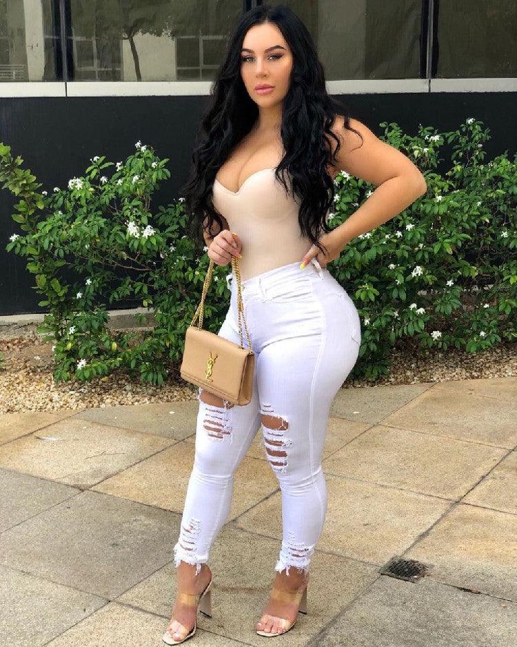 Denim Pencil Pants Slim Long Trousers Ripped Hole Stretch Feet Pants Female - MANDOTOS