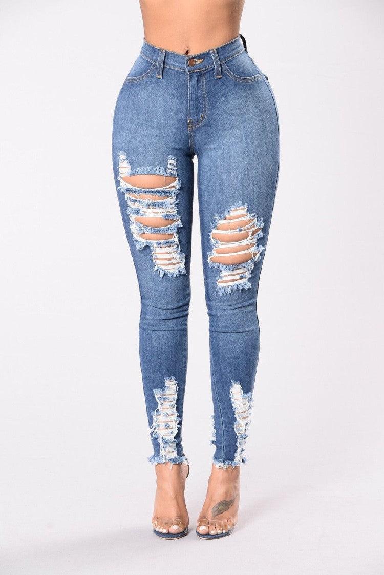 Denim Pencil Pants Slim Long Trousers Ripped Hole Stretch Feet Pants Female - MANDOTOS