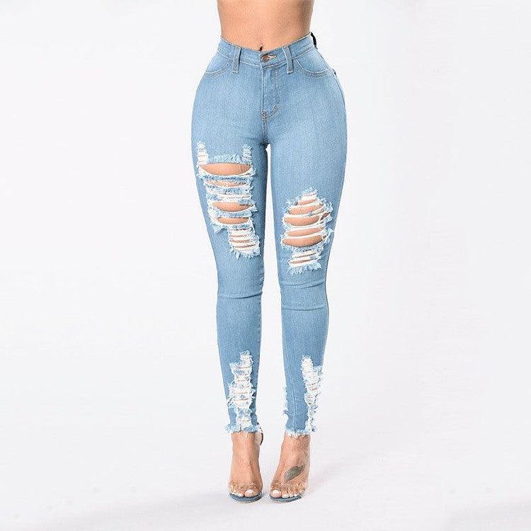 Denim Pencil Pants Slim Long Trousers Ripped Hole Stretch Feet Pants Female - MANDOTOS