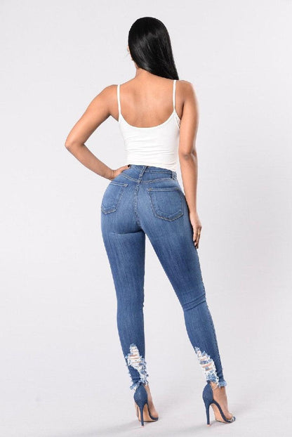 Denim Pencil Pants Slim Long Trousers Ripped Hole Stretch Feet Pants Female - MANDOTOS