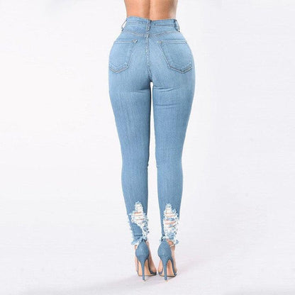 Denim Pencil Pants Slim Long Trousers Ripped Hole Stretch Feet Pants Female - MANDOTOS