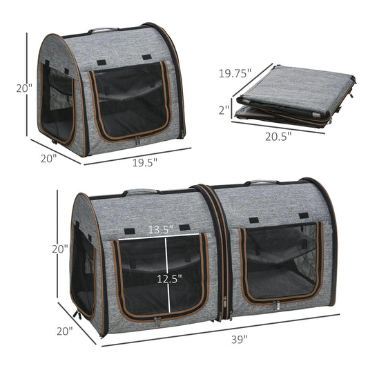 Dual Compartment Portable Cat Carrier, Padded with Storage, Grey - MANDOTOS