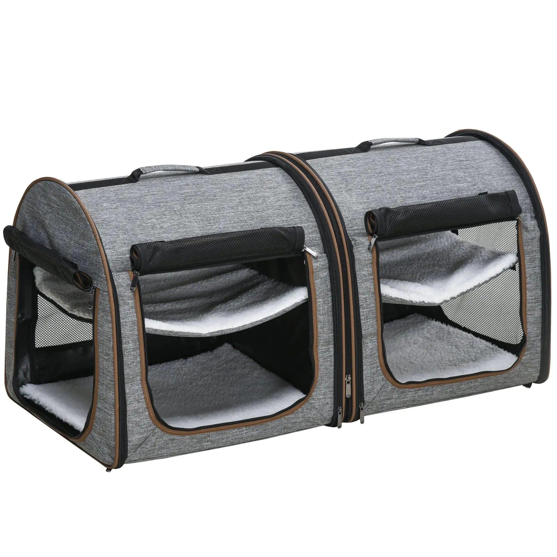 Dual Compartment Portable Cat Carrier, Padded with Storage, Grey - MANDOTOS