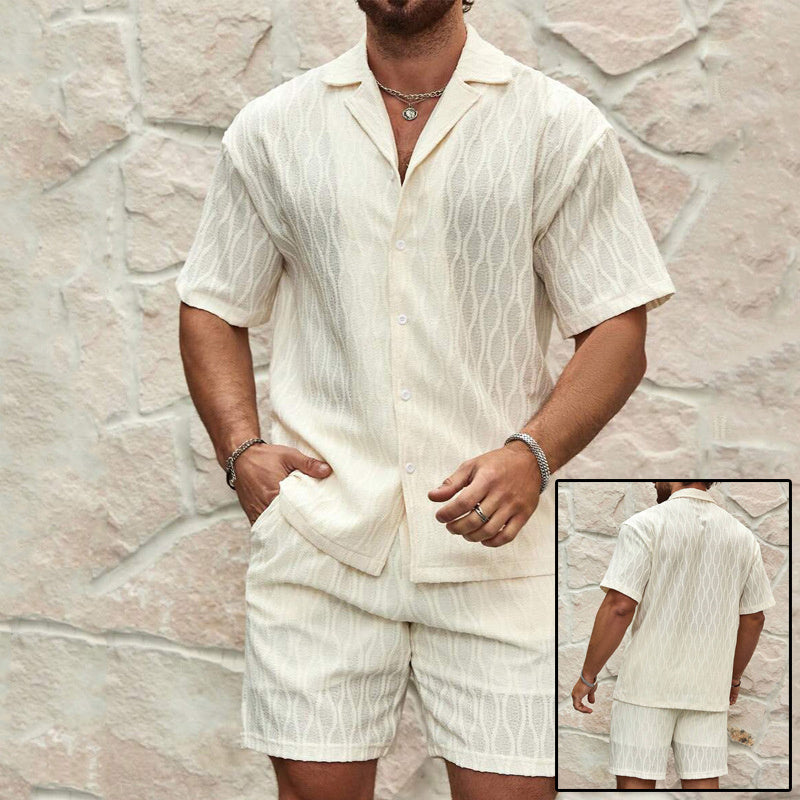 Stylish Men's Summer Tracksuit - Relaxed Fit Two-Piece Lapel Shirt & Shorts for Beach Holidays
