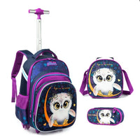 Ancient Energy three-piece trolley bag set for primary school students with colorful cartoon designs and adjustable handles.