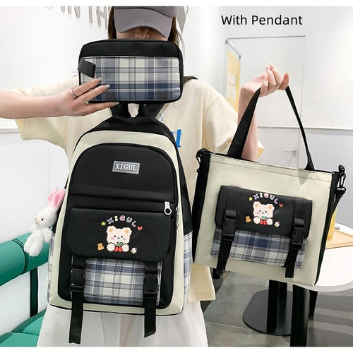 Ancient Energy large capacity plaid three-piece backpack set for students, including school bag, pencil case, and matching accessories.