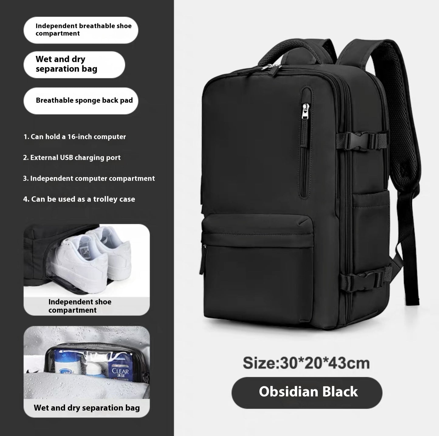 Ancient Energy large capacity travel backpack with multiple compartments, ideal for students and school use.