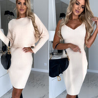 2pcs Suit Women's Solid Stripe Long-sleeved Top And Tight Suspender Skirt Fashion Autumn Winter Slim Clothing - MANDOTOS