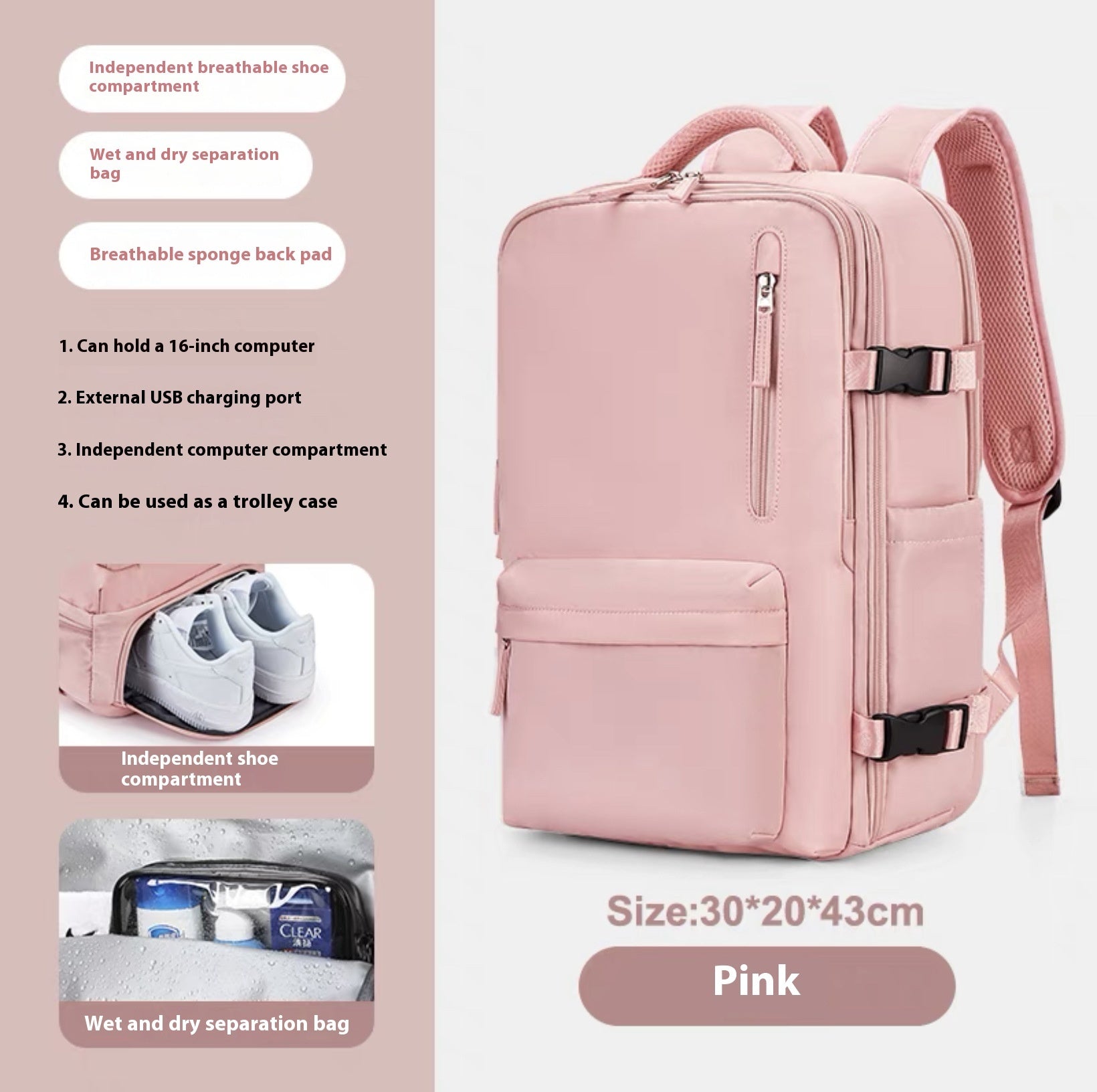 Ancient Energy large capacity travel backpack with multiple compartments, ideal for students and school use, in black with adjustable straps.