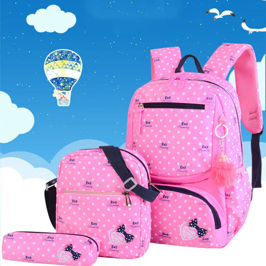 Cute Korean style elementary school girl princess backpack in pastel colors with bow details, by Ancient Energy.