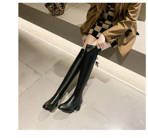 Elastic Leather Knee Boots - MANDOTOS
