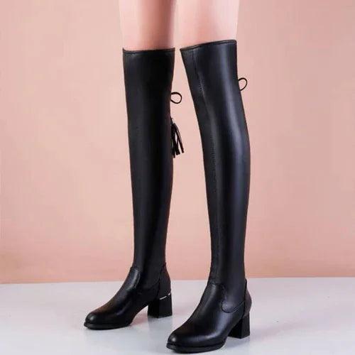 Elastic Leather Knee Boots - MANDOTOS