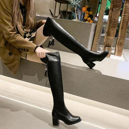Elastic Leather Knee Boots - MANDOTOS