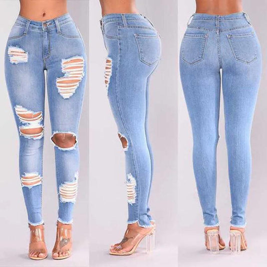 Europe and The United States New Fashion Elastic Ripped Pencil Jeans, Women's Spring and Autumn Slim-fit Small Leg Pants Jeans - MANDOTOS