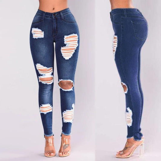 Europe and The United States New Fashion Elastic Ripped Pencil Jeans, Women's Spring and Autumn Slim-fit Small Leg Pants Jeans - MANDOTOS