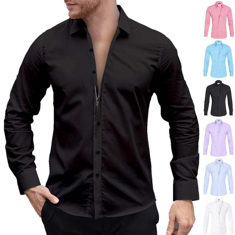 Long Sleeve Zipper Shirt With Button Design Fashion Lapel Tops For Mens Clothing - MANDOTOS