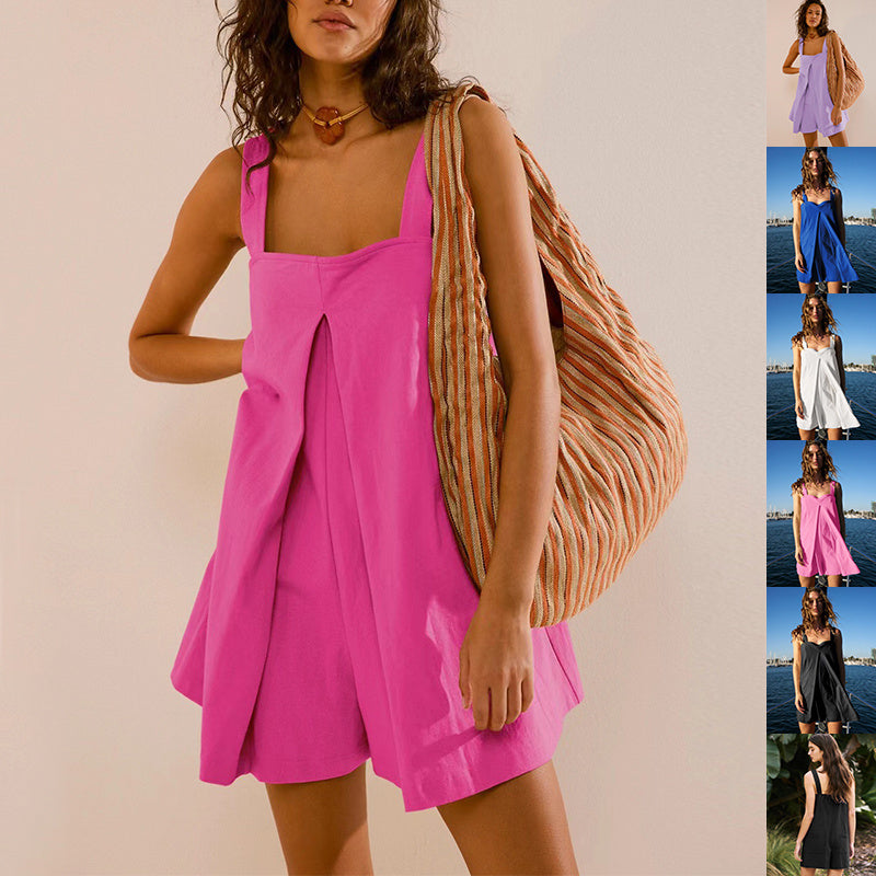 Solid Color Loose Square Collar Jumpsuit Summer Fashion Shorts Sweet Suspender Skirt Pants For Womens Clothing - MANDOTOS