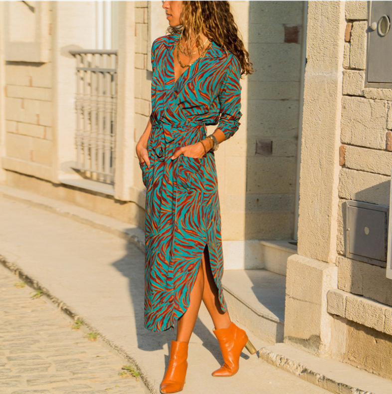 Chic V-Neck High-Waist Printed Dress
