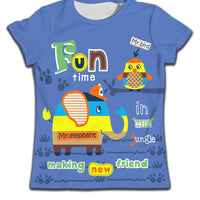 Children's boy T-shirt by Ancient Energy featuring a soft, casual fabric with a cute cat cartoon pattern.