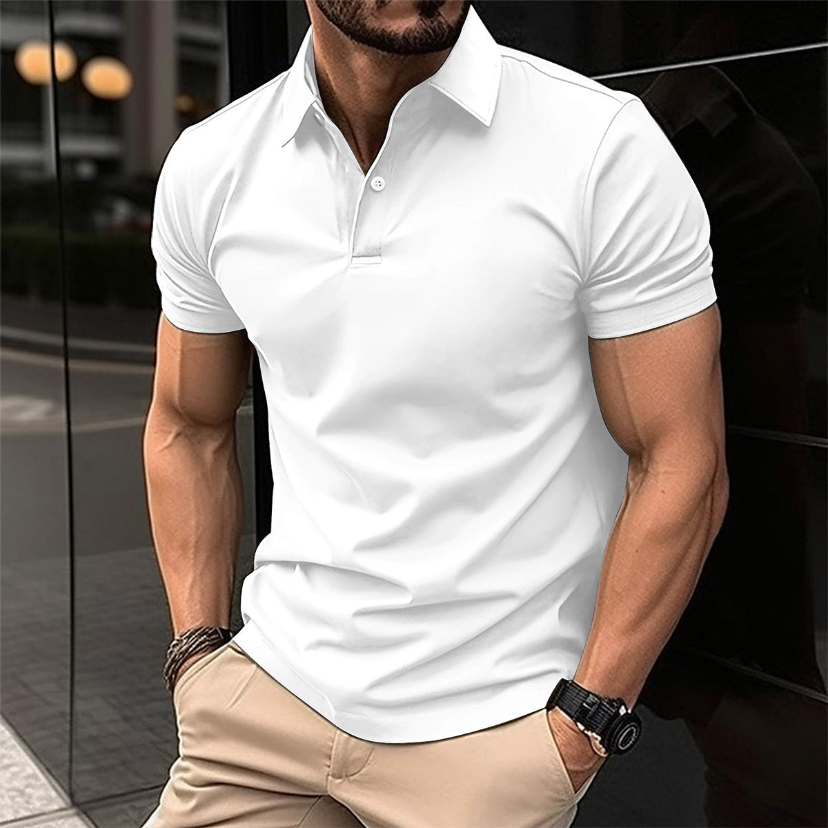 Summer Short Sleeve Polo Shirt Men Solid Color Button Lapel Button Top - MANDOTOS