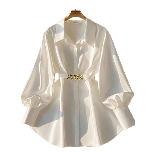 Women's Elegant Lapel Button-Down Top With Adjustable Metal Waist Belt Solid Color Loose Fit Blouse For Casual & Office Wear