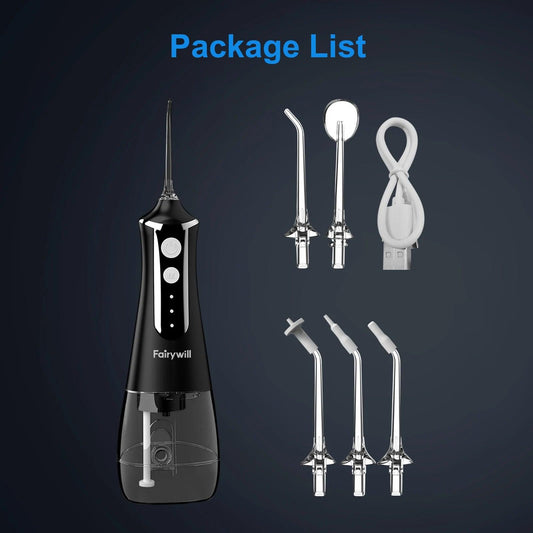 Fairywill Oral Irrigator Portable Water Flosser Dental Teeth Cleaning Waterproof USB Charge With 5 Jets For Braces, Travel - MANDOTOS