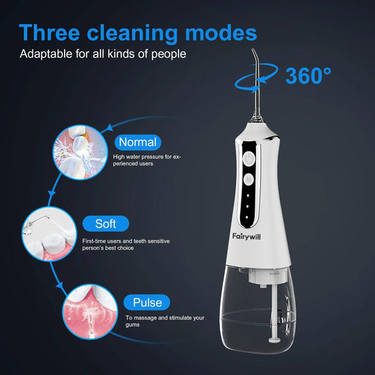 Fairywill Oral Irrigator Portable Water Flosser Dental Teeth Cleaning Waterproof USB Charge With 5 Jets For Braces, Travel - MANDOTOS