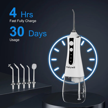 Fairywill Oral Irrigator Portable Water Flosser Dental Teeth Cleaning Waterproof USB Charge With 5 Jets For Braces, Travel - MANDOTOS
