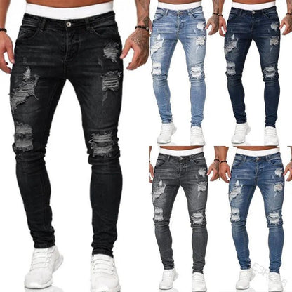 Fashion Street Style Ripped Skinny Jeans Men Vintage wash Solid Denim Trouser Mens Casual Slim fit pencil denim Pants hot sale - MANDOTOS