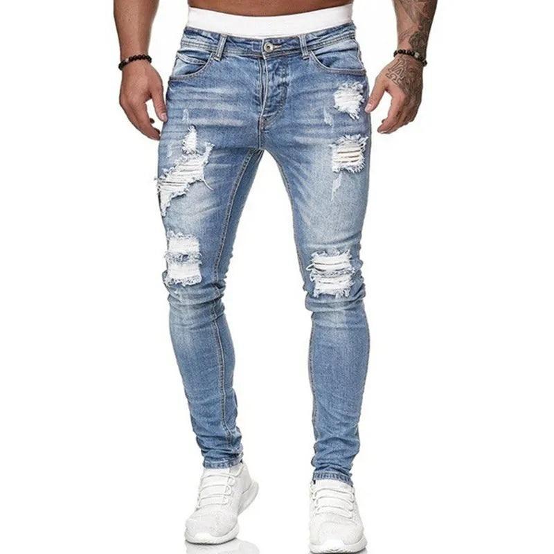 Fashion Street Style Ripped Skinny Jeans Men Vintage wash Solid Denim Trouser Mens Casual Slim fit pencil denim Pants hot sale - MANDOTOS