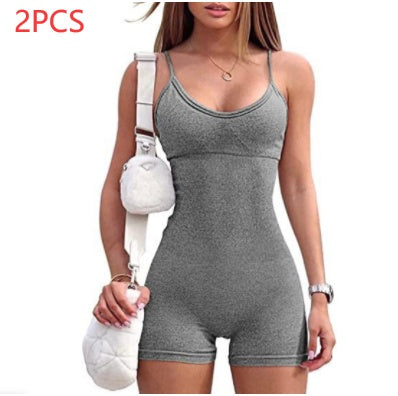 Spaghetti Strap Shorts Jumpsuit Sports Yoga Workout Tight Romper Women Fashion Fitness Sportwear - MANDOTOS