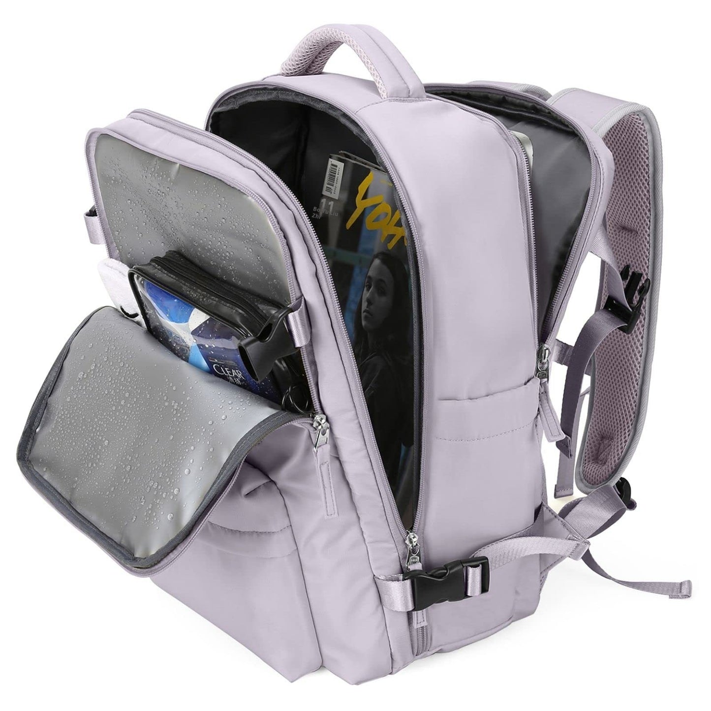 Ancient Energy large capacity travel backpack with multiple compartments, ideal for students and school use, in black fabric.