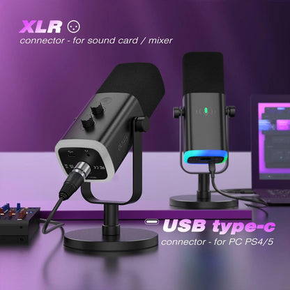Dynamic USB/XLR Microphone with Touch Mute Button and Headphone Jack for PC and Gaming - MANDOTOS