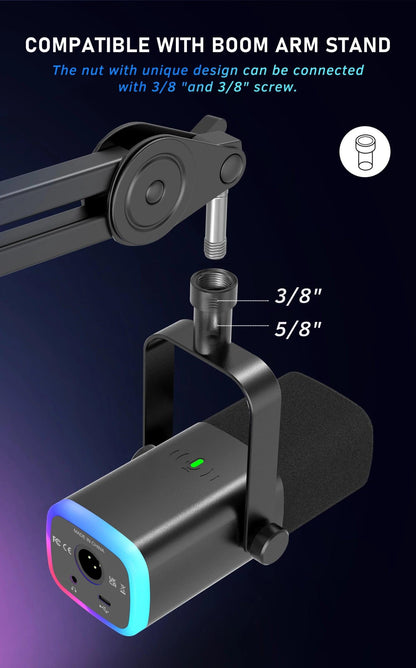 Dynamic USB/XLR Microphone with Touch Mute Button and Headphone Jack for PC and Gaming - MANDOTOS