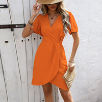 Elegant FitiqueFit pleated cross V-neck midi dress with short sleeves and a tight waist, perfect for stylish occasions.