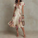 FitiqueFit ruffled hem maxi dress with V-neck, satin fabric, A-line silhouette, and color block design.
