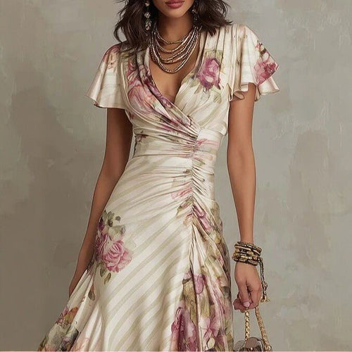 FitiqueFit ruffled hem maxi dress with V-neck, satin fabric, A-line silhouette, and color block design.