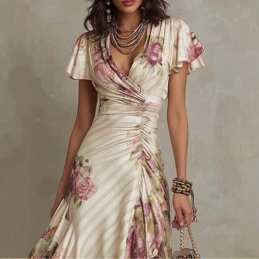 FitiqueFit ruffled hem maxi dress with V-neck, satin fabric, A-line silhouette, and color block design.