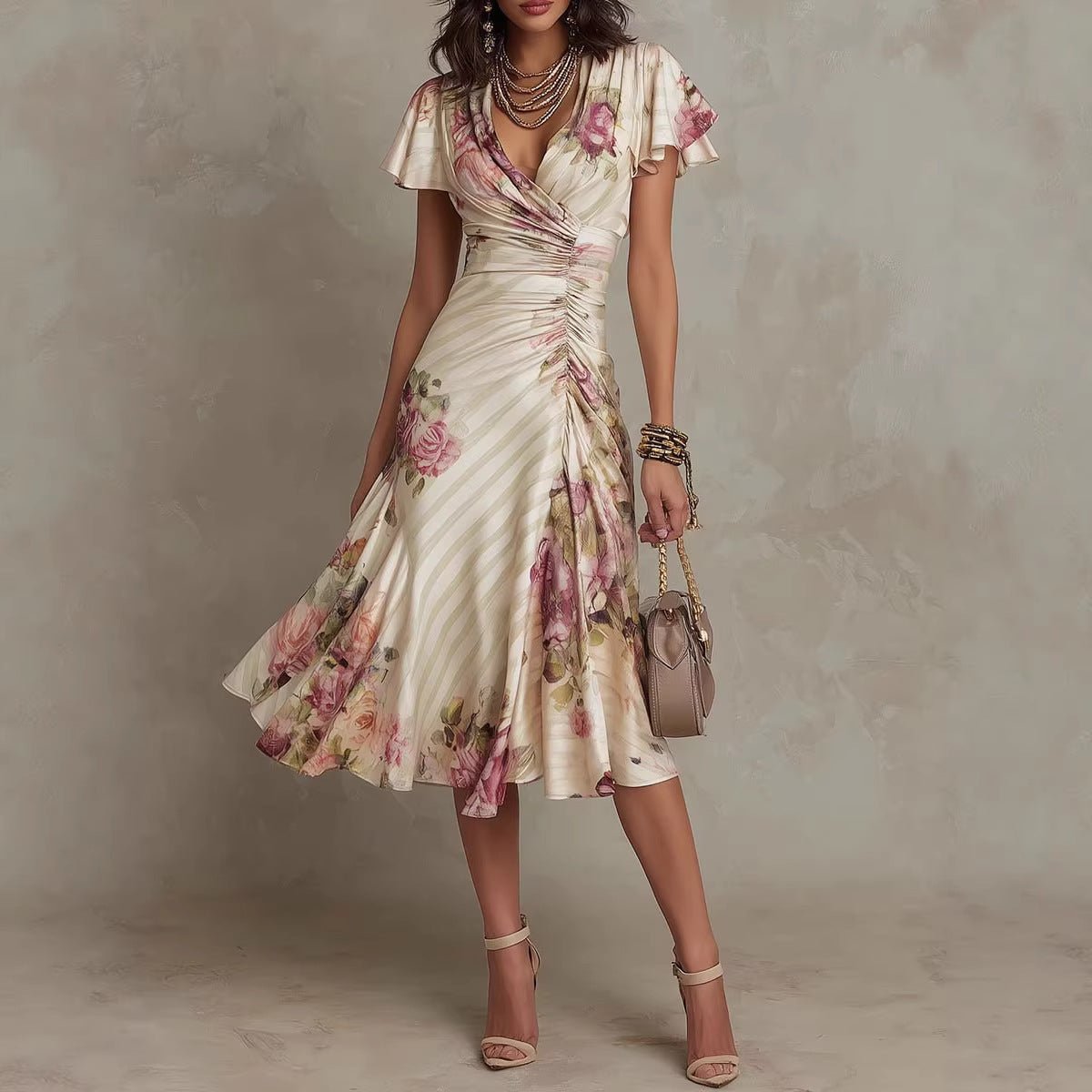 FitiqueFit ruffled hem maxi dress with V-neck, satin fabric, A-line silhouette, and color block design.