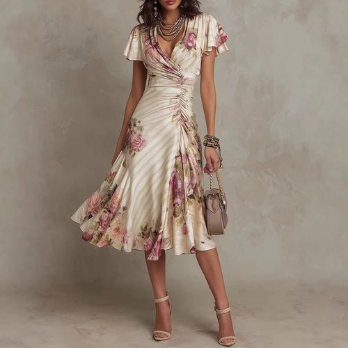 FitiqueFit ruffled hem maxi dress with V-neck, satin fabric, A-line silhouette, and color block design.