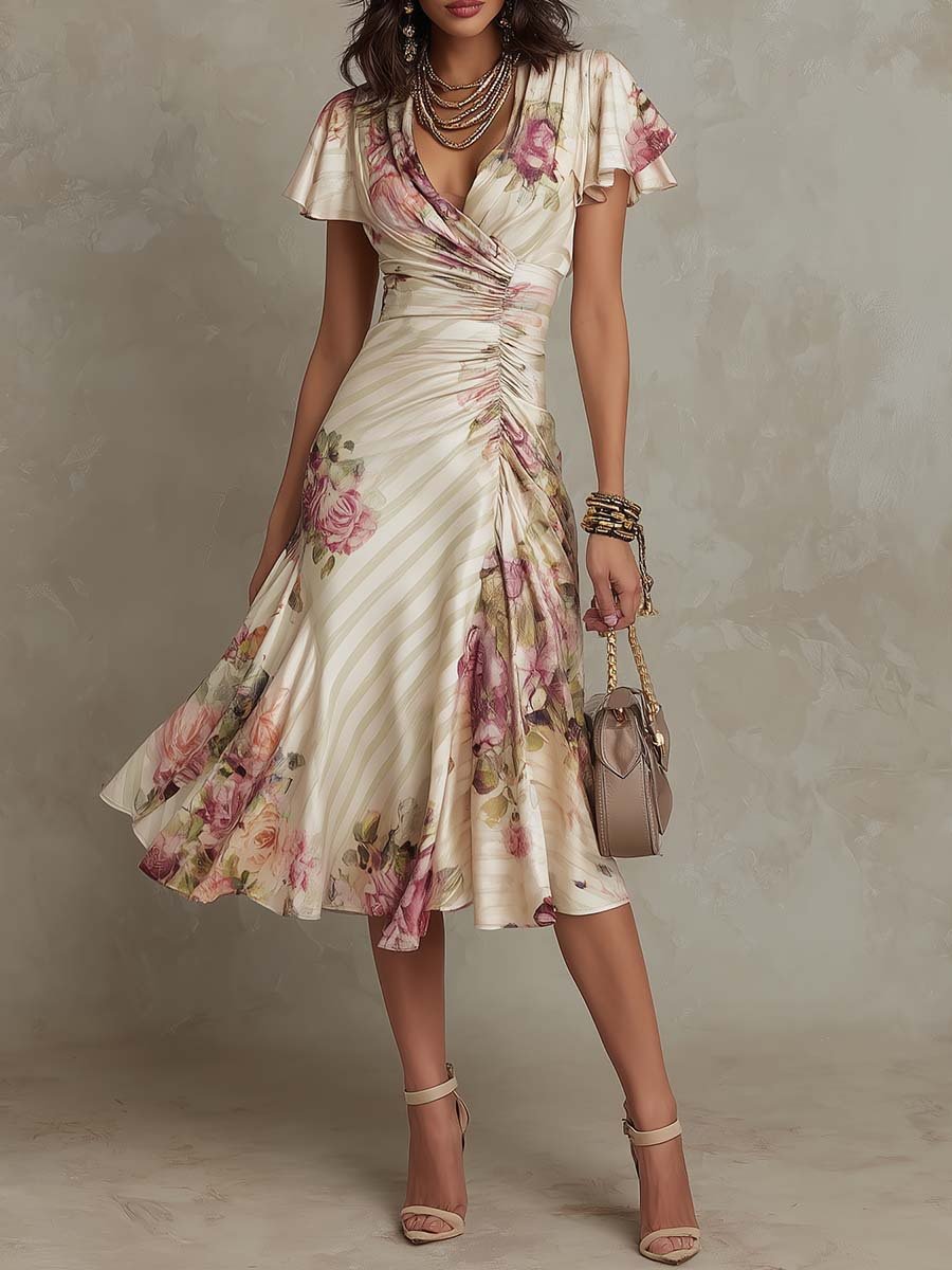 FitiqueFit ruffled hem maxi dress with v-neck, satin fabric, color block design, and A-line silhouette.