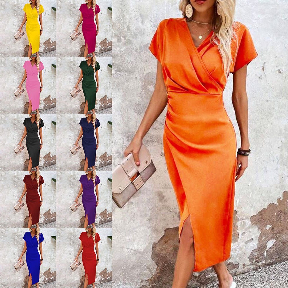 FitiqueFit split V-neck bodycon dress with short sleeves and side slit, slim fit for a stylish and fitted look.